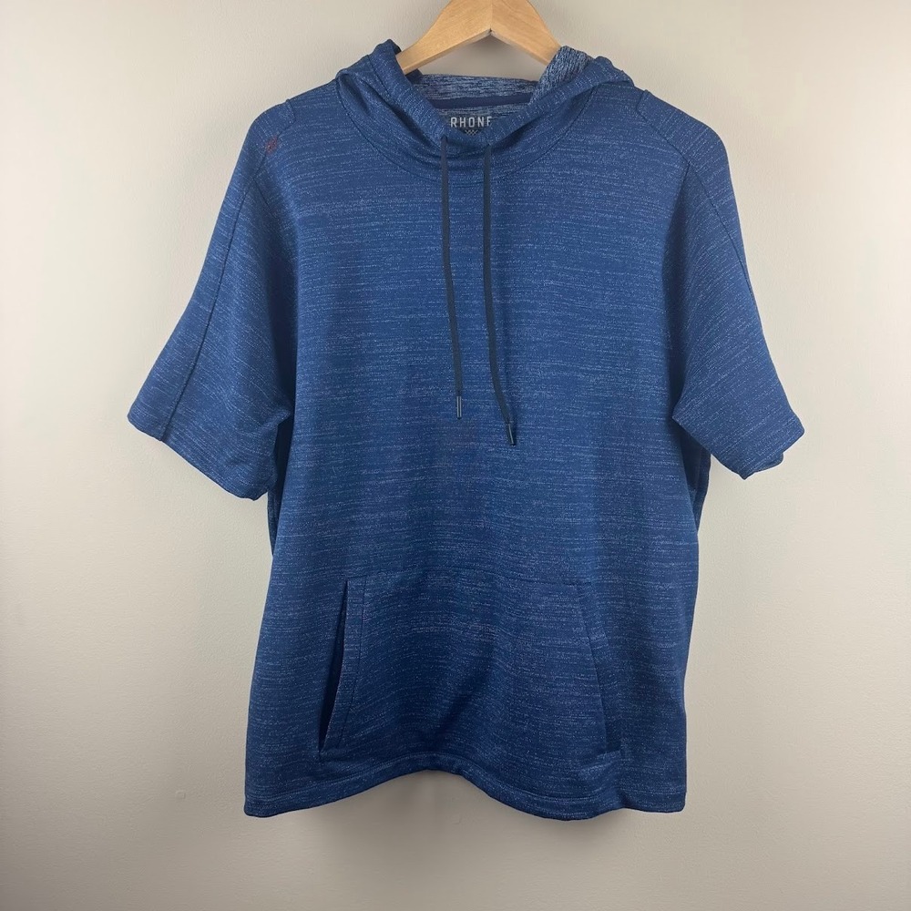 Rhone Mens Short Sleeve Hoodie Blue Space Dye Knit Pullover Pocket Size Large